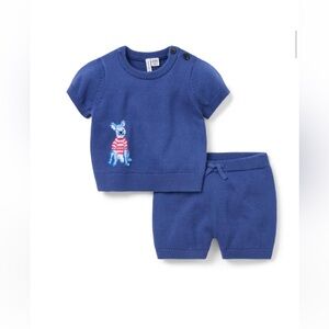 Baby French Bulldog Matching Janie and Jack Blue Knit Baby Outfit with Dog Motif